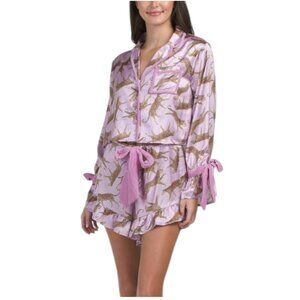 8 OAK LANE 2pc Satin Leopard Ruffle Shorty Pajama Set